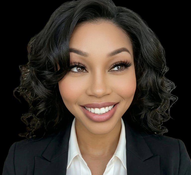 Professional headshot of a smiling woman with wavy black hair wearing a black blazer and white shirt against a black background