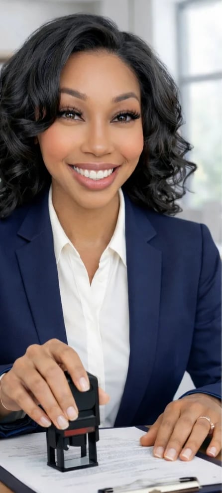 Professional woman in dark blazer and white blouse using a desk stamp in an office setting