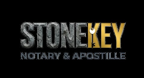 Stonekey Notary and Apostille logo with gray textured lettering and gold accents on black background