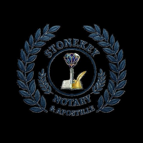 Stonekey Notary Apostille logo featuring a diamond ring and quill pen symbol surrounded by laurel wreaths on black background